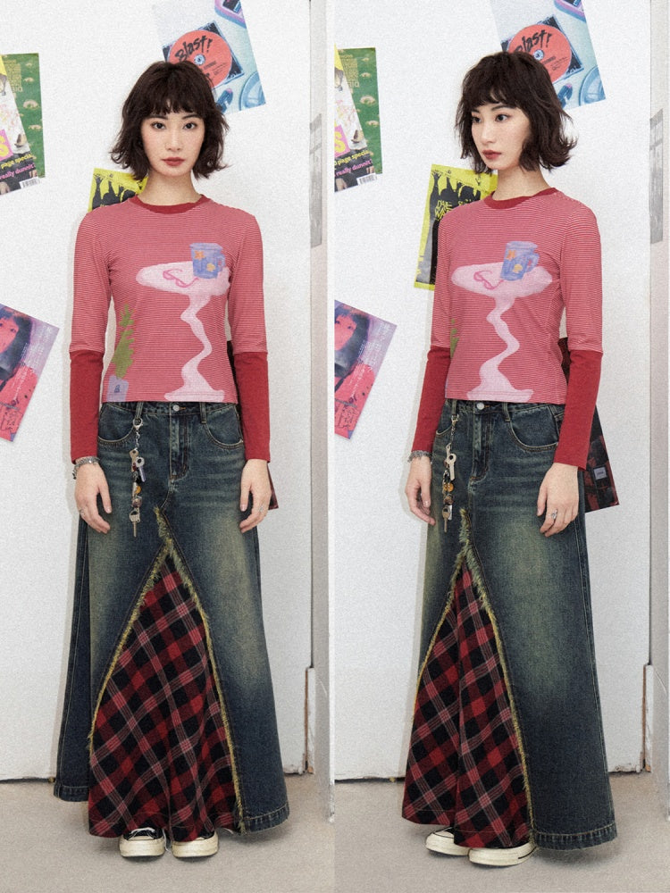 Table Potted Plant BorderStitching Long Sleeve T-Shirt【s0000011910】