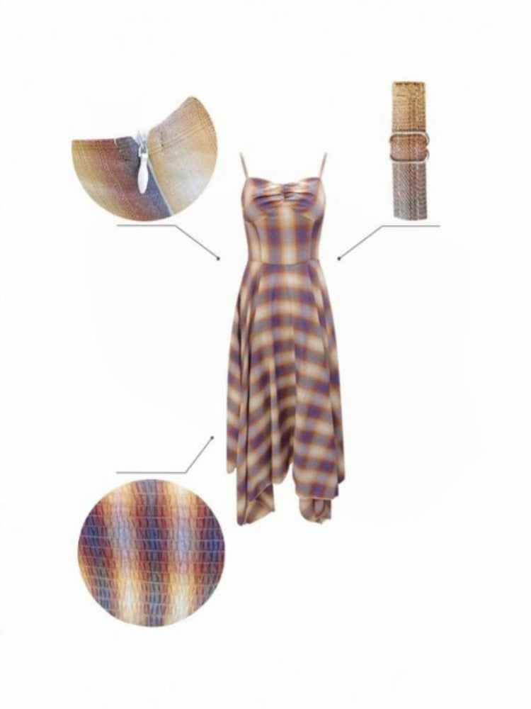 Cinched Waist Red Check Irregular Suspender Dress【s0000011911】