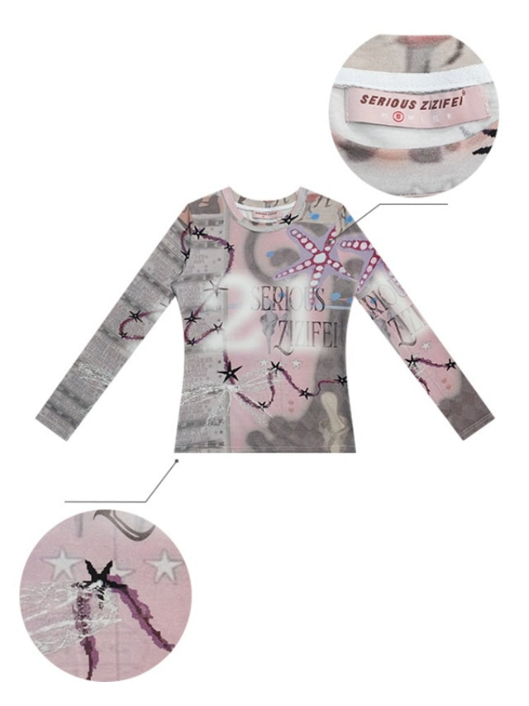 Star Digital Print Long Sleeve Numbering T-Shirt【s0000011760】
