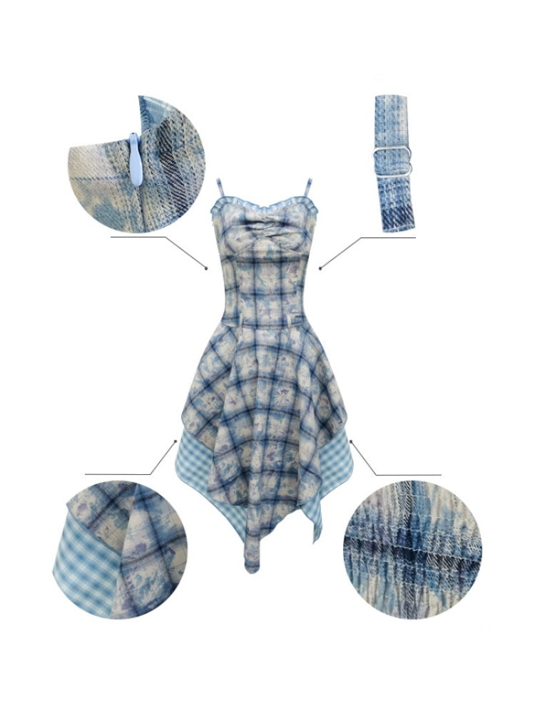 Asymmetric Hem Gingham Check Pattern Flare Camisole Dress【s0000011749】