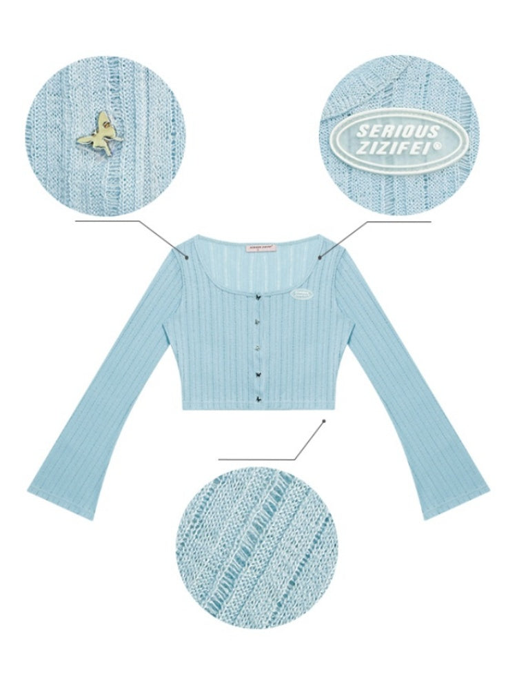 Rib Knitted Long Bell Sleeve Cropped Cardigan【s0000011758】