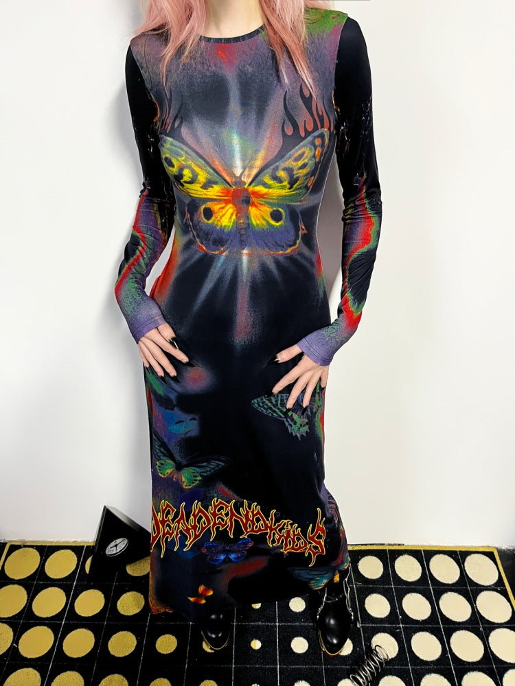 Butterfly Graphic Tight Fit Long Sleeve Dress【s0000011781】