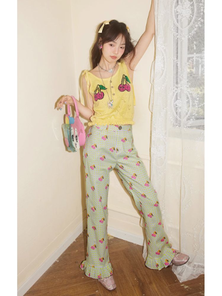 Cherry Plaid Print Ruffled Straight Leg Pants【s0000002620】
