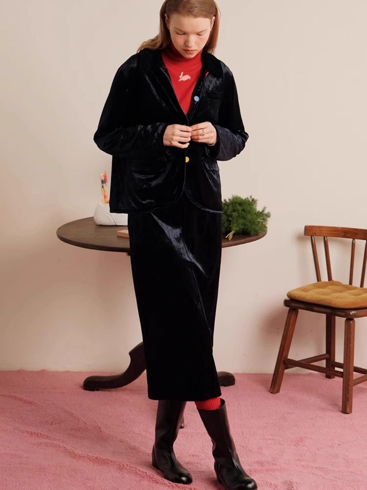 Elegant Ink Blue Glossy Soft Little Jacket Set【s0000006459】