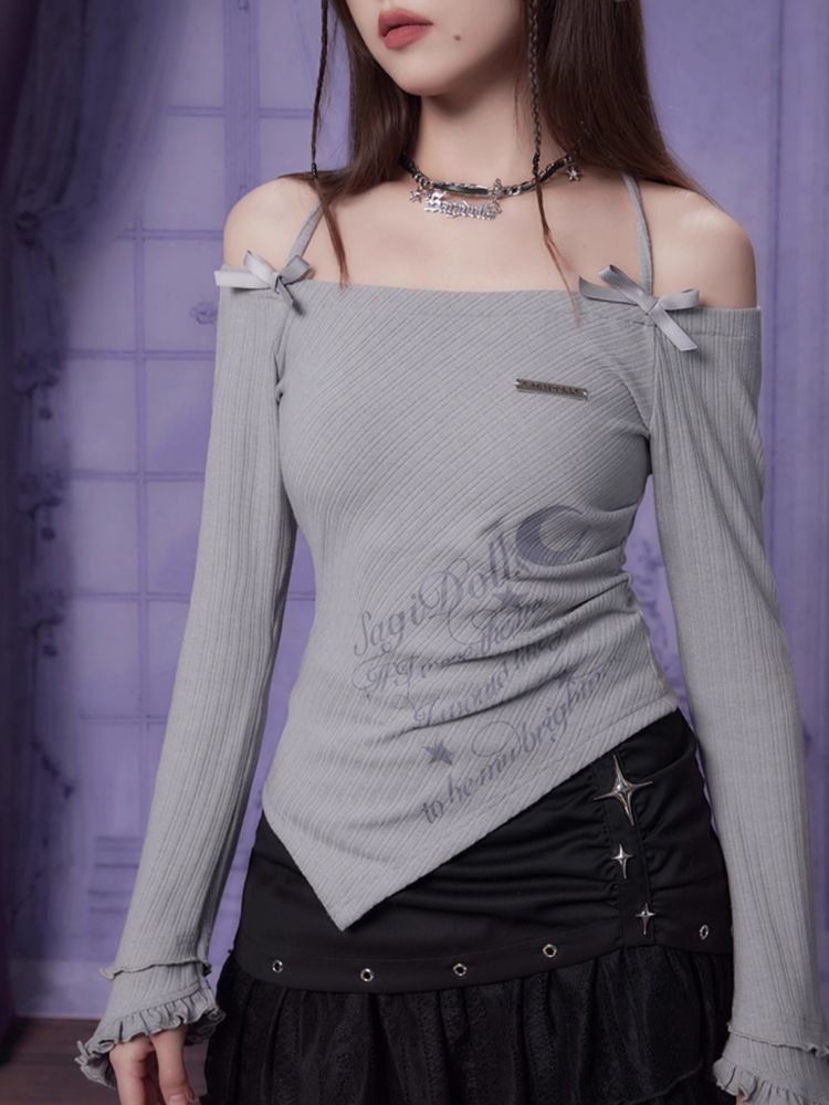 Hanging Neck Gray Print Irregular Hem T-Shirt【s0000006496】