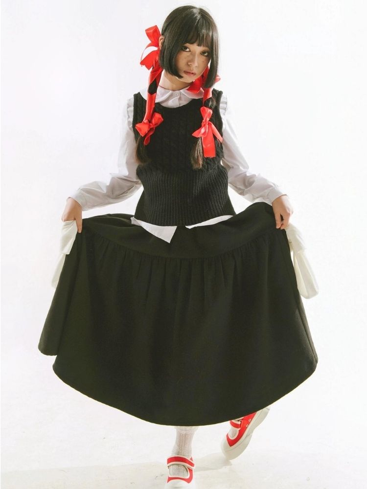 Retro Velvet Bow Skirt niche design sense black tweed bustier skirt【s0000004285】