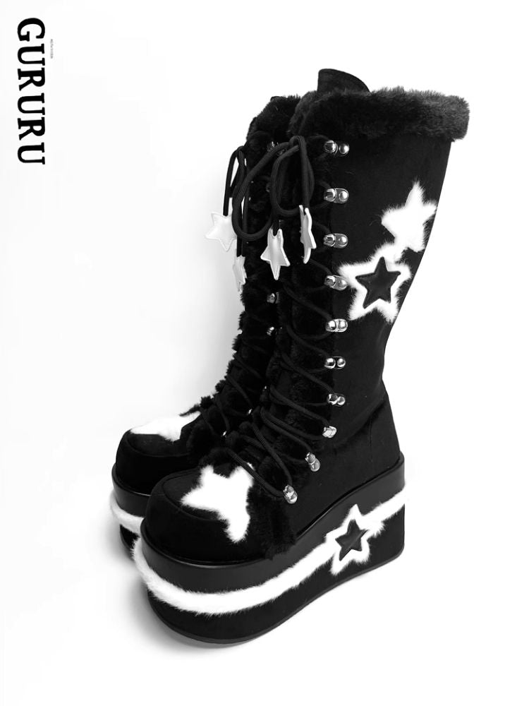 Y2K Subculture Star Plush Mid Calf Boots【s0000005224】
