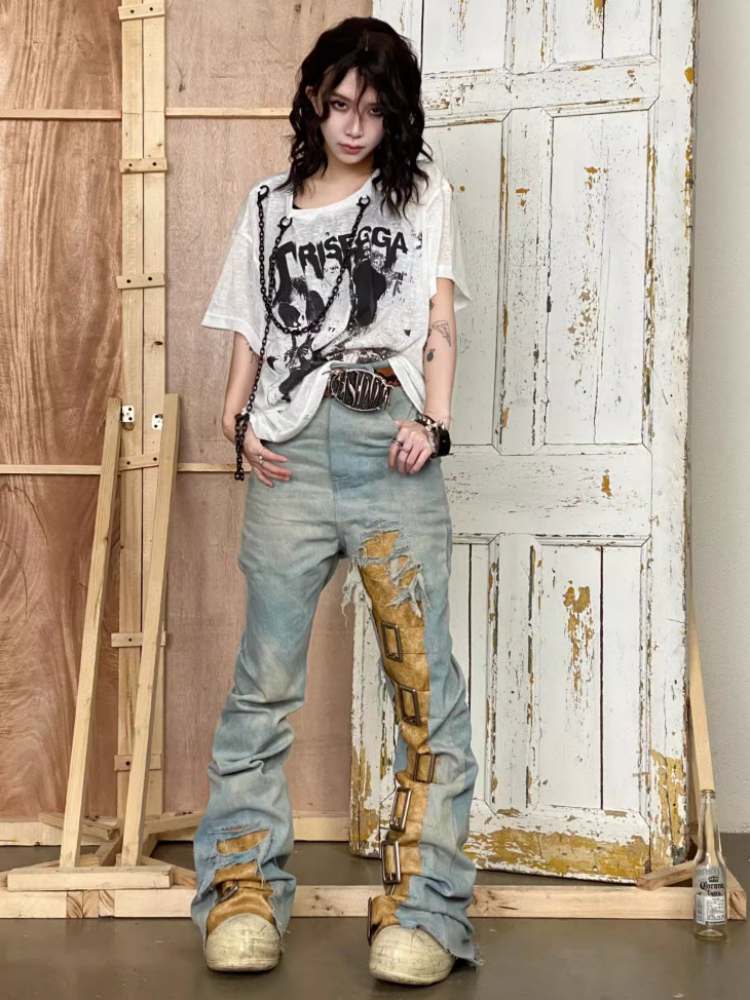 PU Leather Strap Damage & Washed Jeans【s0000008304】