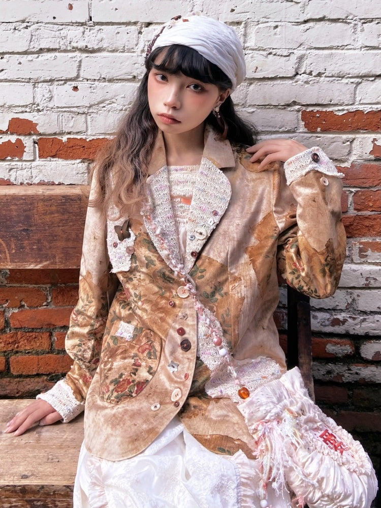 Retro Velvet Splicing Various Buttons Floral Jacket【s0000003586 