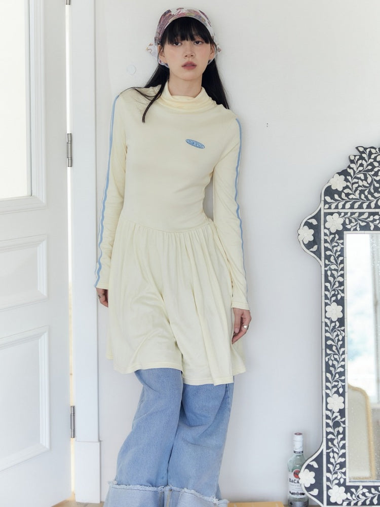 High Neck Stretch Knit Sports Mix Line Sleeve Dress【s0000003575】