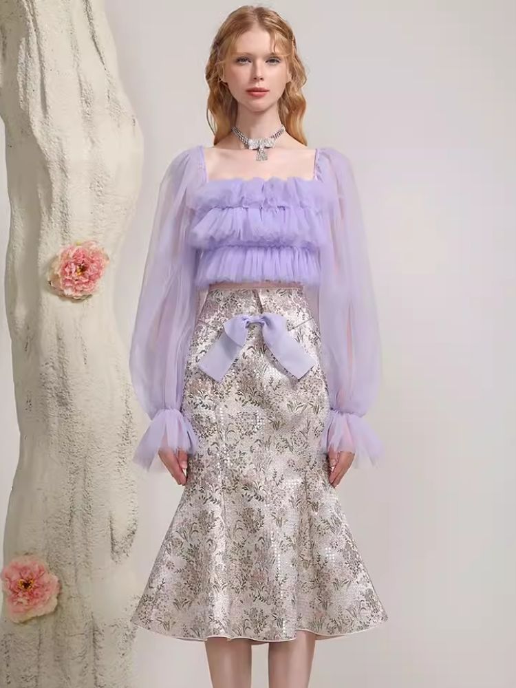 Bubble Sleeve Mesh Top【s0000006849】