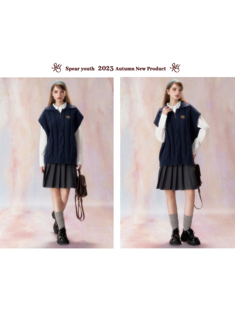 Preppy Jacquard Half Zip Vest【s0000006473】