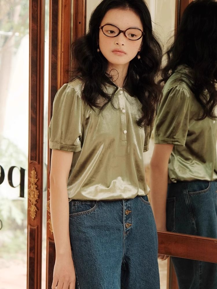 Velvet Peter Pan Collar Girly Short Top【s0000007498】