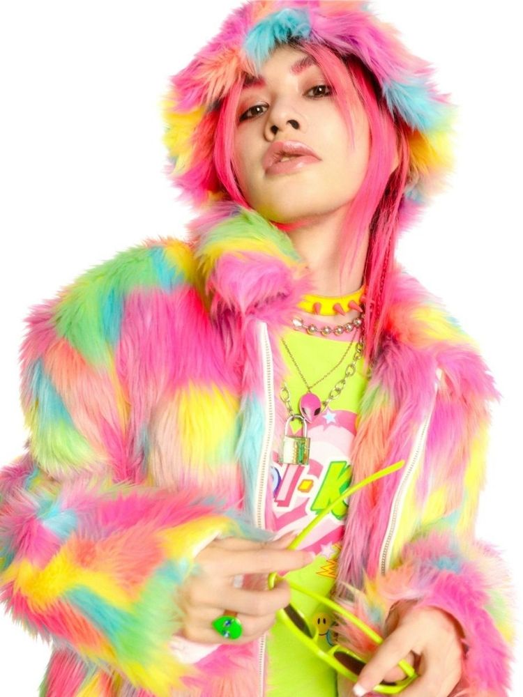 Fluorescent Rainbow Loose Fur Jacket and hat【s0000004455】