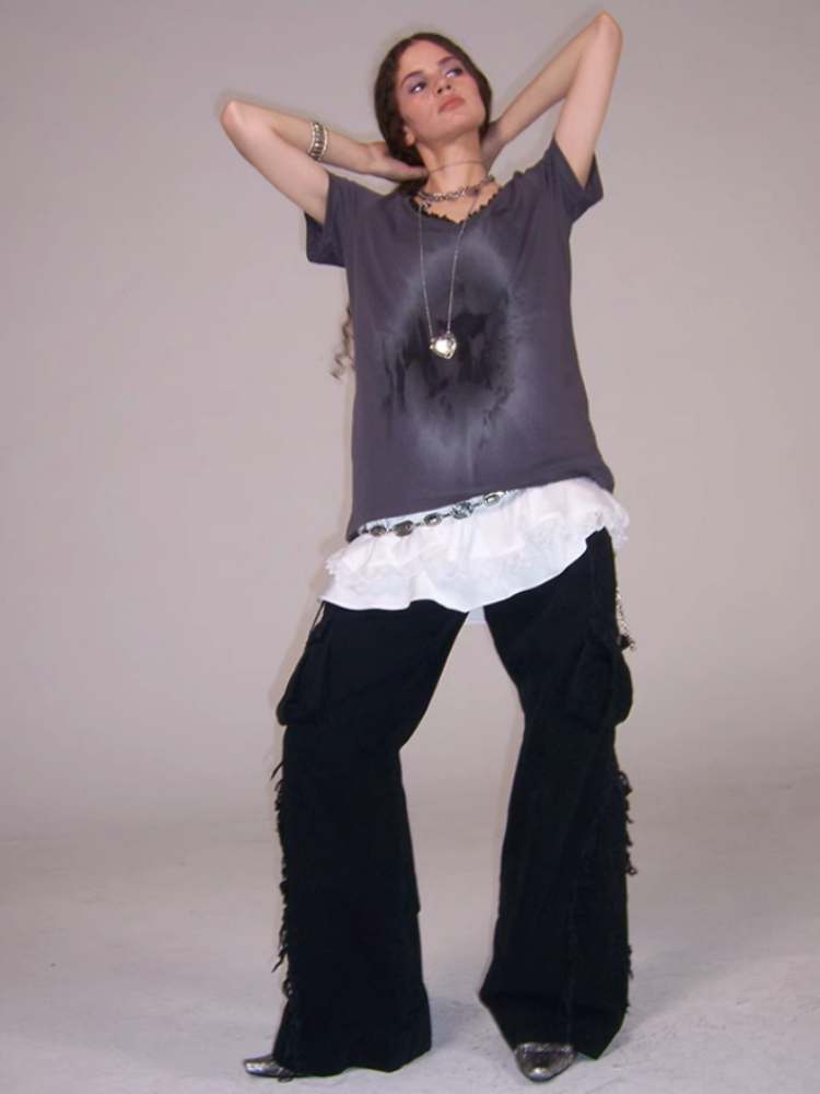 Loose V-Neck Mysterious Print T-Shirt【s0000009023】