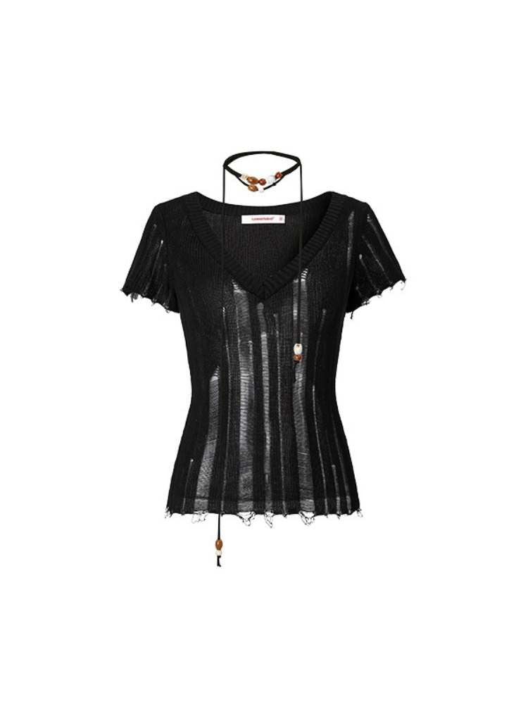 Lazy Irregular Damaged V-Neck Knit Tops【s0000009140】