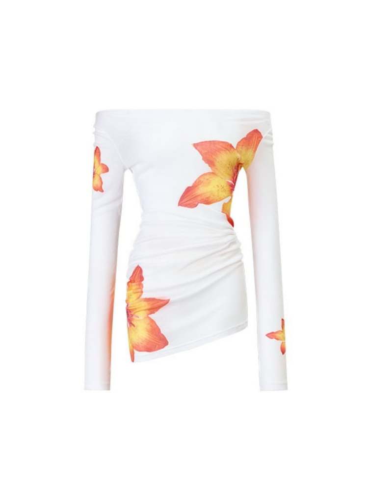 Off Shoulder Sheer Sexy Summer Print Tee【s0000009138】