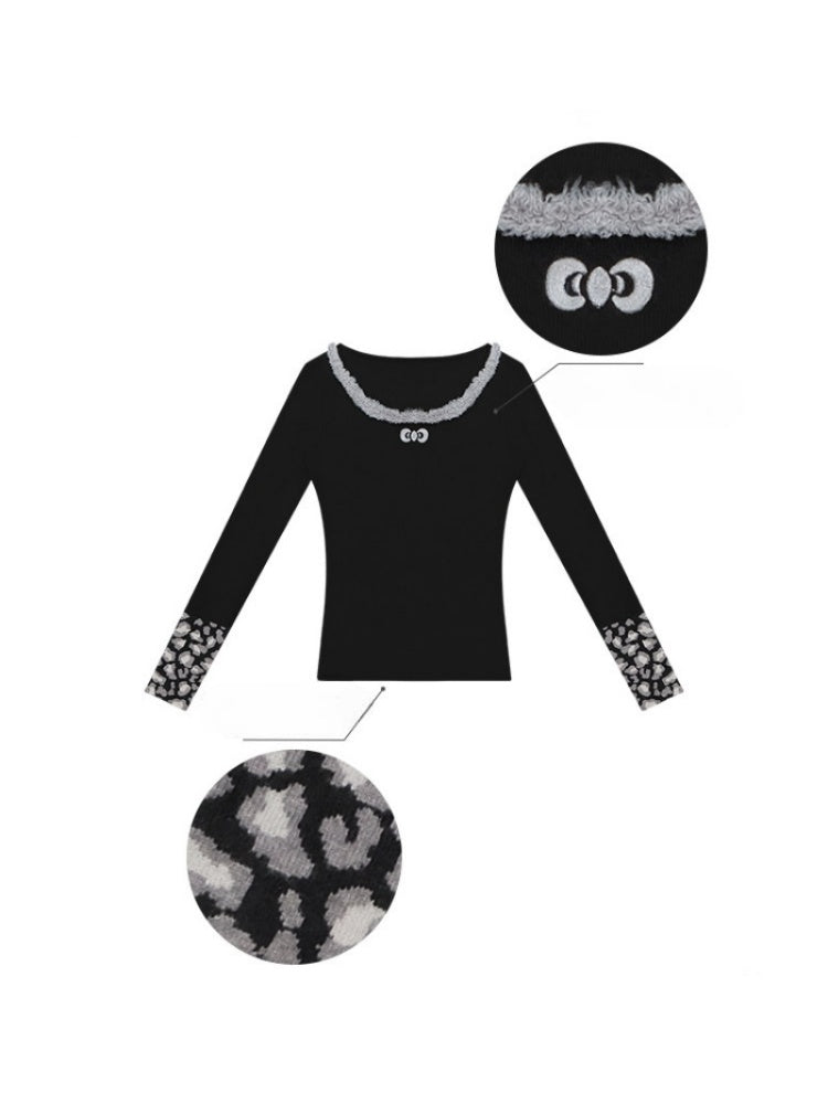 Leopard Print Cuff Long Sleeve T-Shirt Slimming Crew Neck Knitted Base Shirt【s0000015263】
