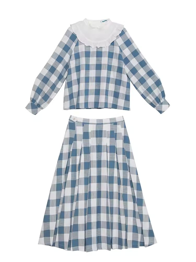 Standing Collar Check Linen Cotton Shirt/Pleated Skirt Set【s0000007483】