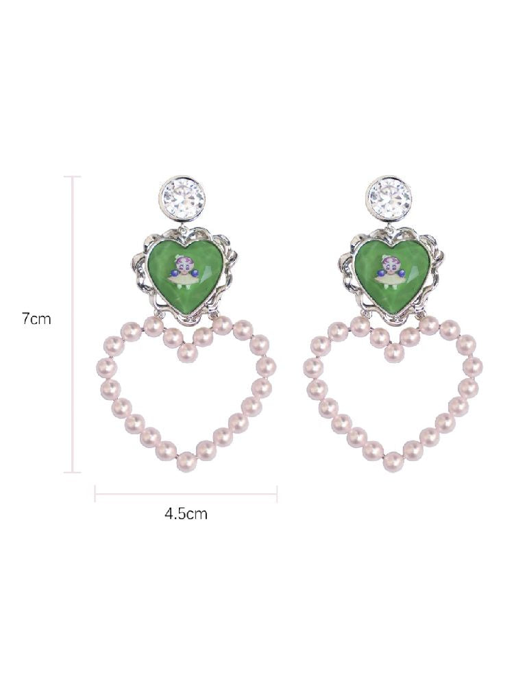Peach Heart Resin Pearl Zirconia Printed Metal Earrings【s0000004637】