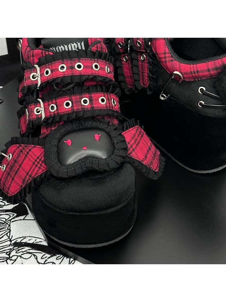Y2K Black Rabbit Plaid Platform Shoes【s0000008557】