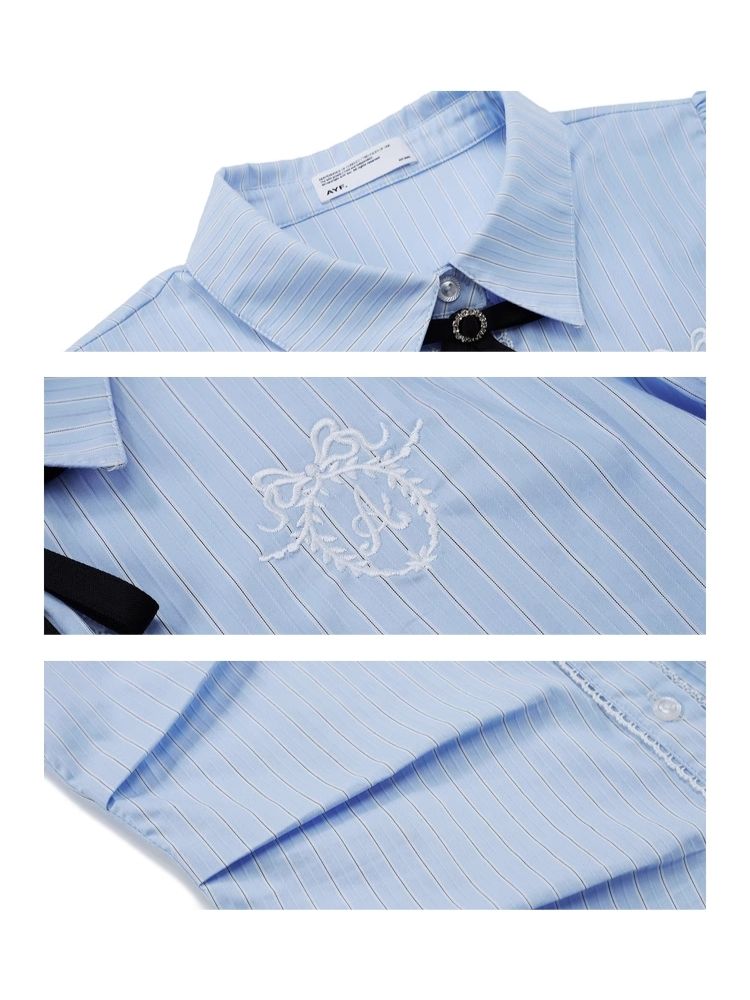 Bow Striped Bubble Sleeve Embroidered Blouse【s0000006316】