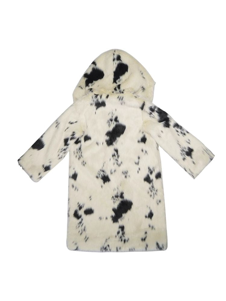 Hooded fur cow print long sleeve plush coat【s0000005068】
