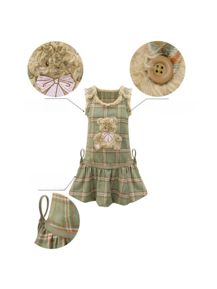 Plaid Plush Bear Pocket Hem Vest Dress【s0000015257】