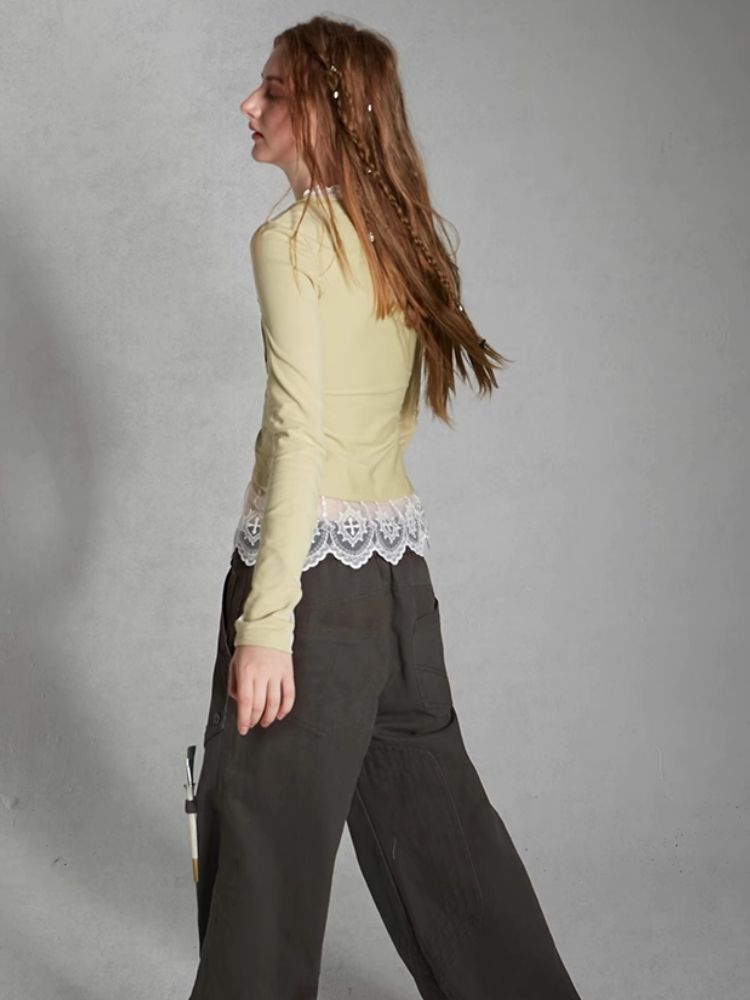 Fake Two Piece Lace Long Sleeve T-Shirt【s0000004492】