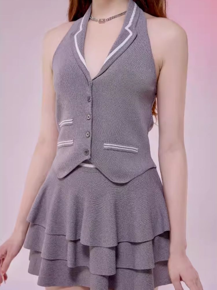 Sexy Backless Knit Hanging Neck Short Top Cake Skirt Set【s0000006612】