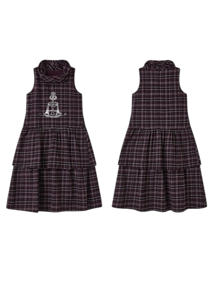 Plaid Embroidery Sleeveless Tiered Long Dress【s0000011898】