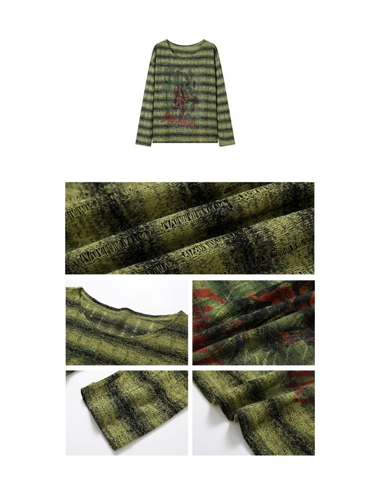 Hole Breaking Printed Long Sleeve Loose T-Shirt【s0000007108】