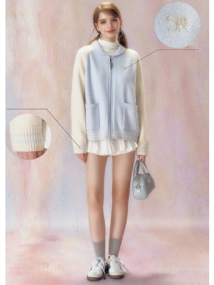 Color Contrast Knit Zipper Stadium Jacket【s0000006471】