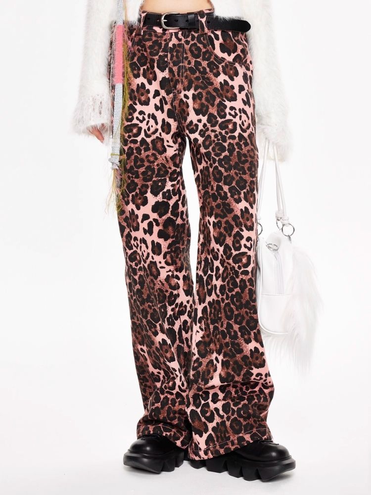 Pink leopard print wide leg pants【s0000006178】