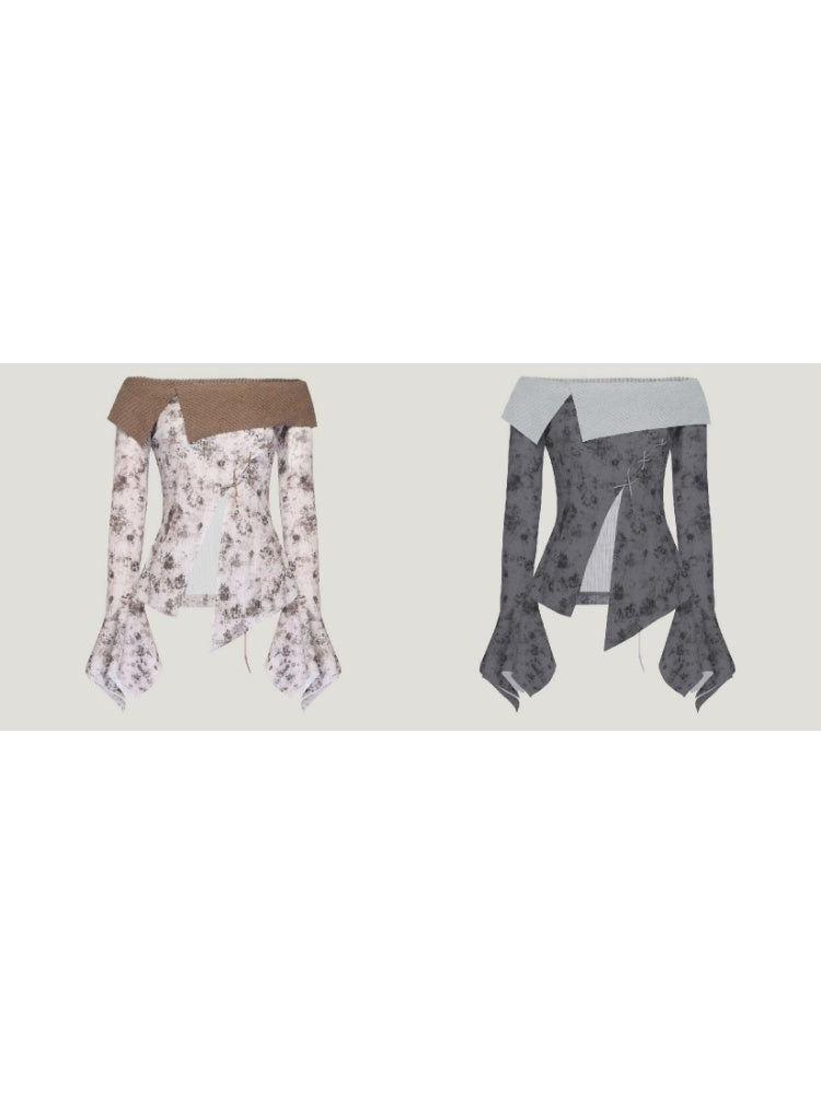 Off Shoulder Cross Strap Slit Printed Tops【s0000004406】