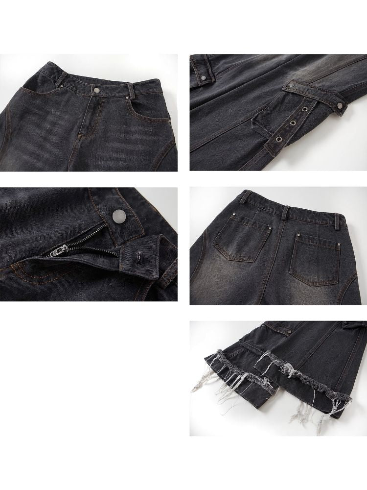 Straight Black Gray Raw Edge Jeans【s0000004525】