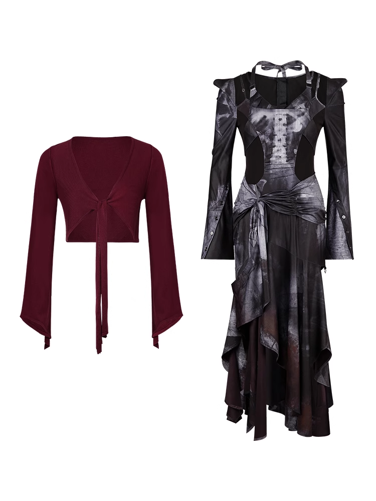 Butterfly Print Halterneck Dress & Flare Sleeve Cardigan【s0000003999】