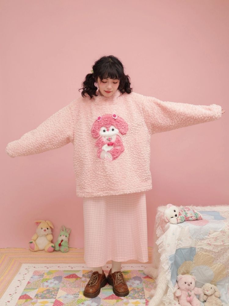 Retro Girl Pink Plush Appliqued Bear Doll Plaid Bottom Plaid Dress【s0000004293】