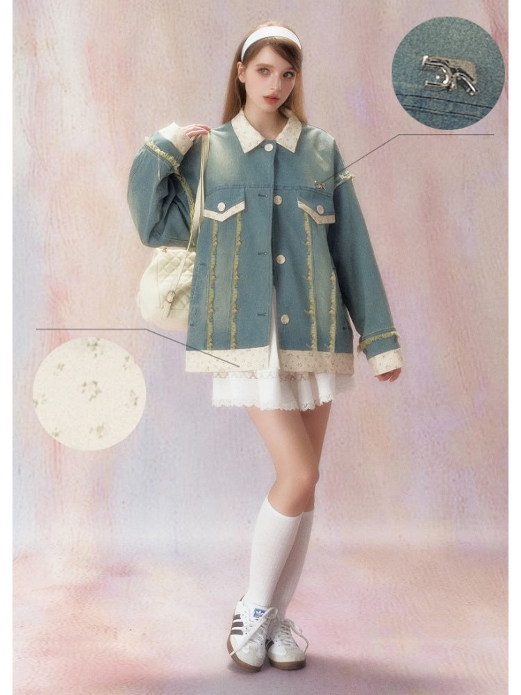 Floral Splicing Washed Draw Edge Denim Jacket【s0000006468】