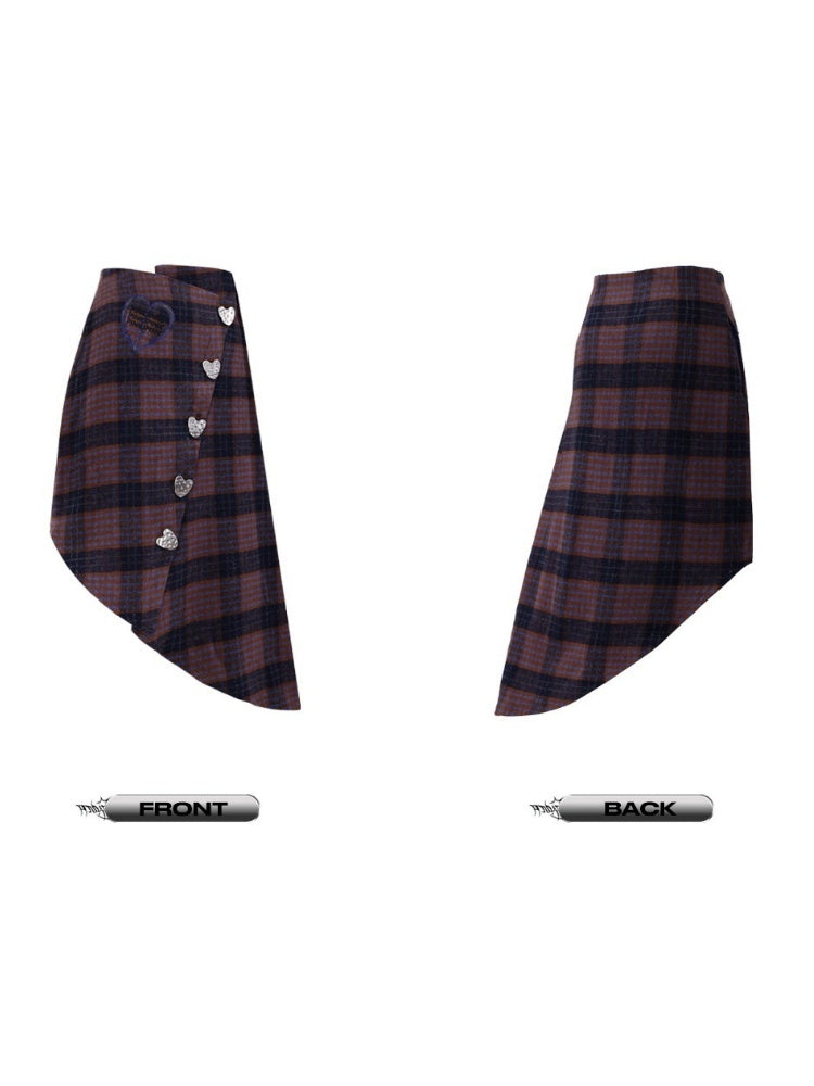 Plaid Metal Heart Jacket & Asymmetric Skirt Setup【s0000004350】