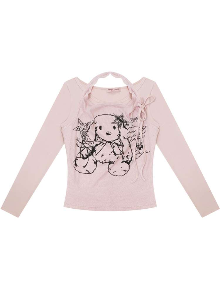Rabbit Print Slim Halterneck Top【s0000015436】
