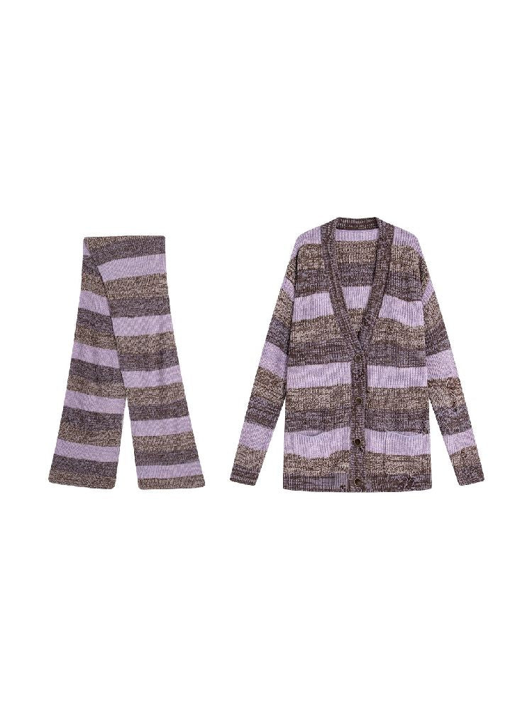 Heavy broken holes loose lazy leisure cardigan + scarf【s0000005400】