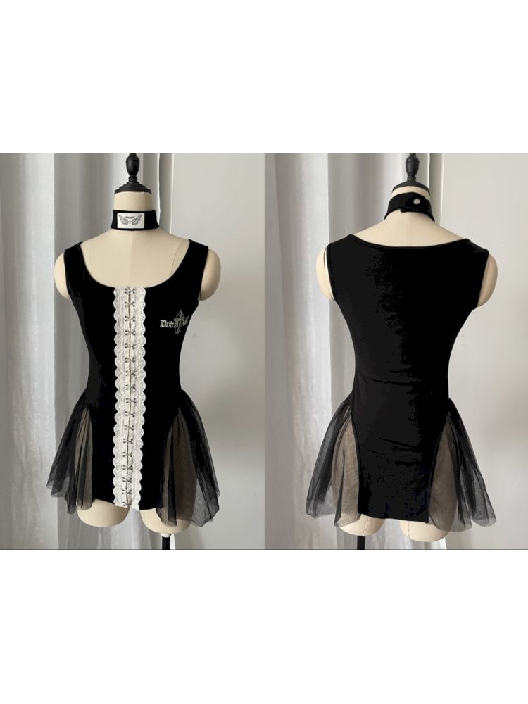 Black lace embroidered knit mesh bodysuit【s0000012809】