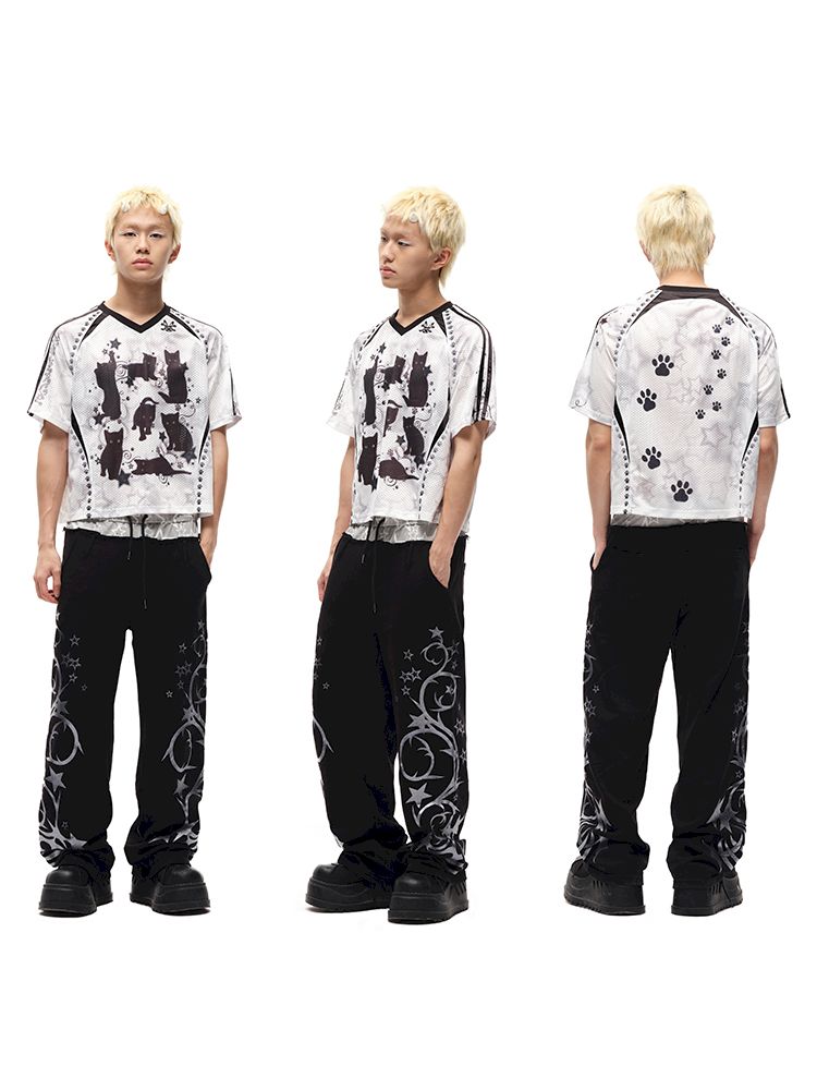 Black cat print shoulder sleeve t-shirt【s0000012586】