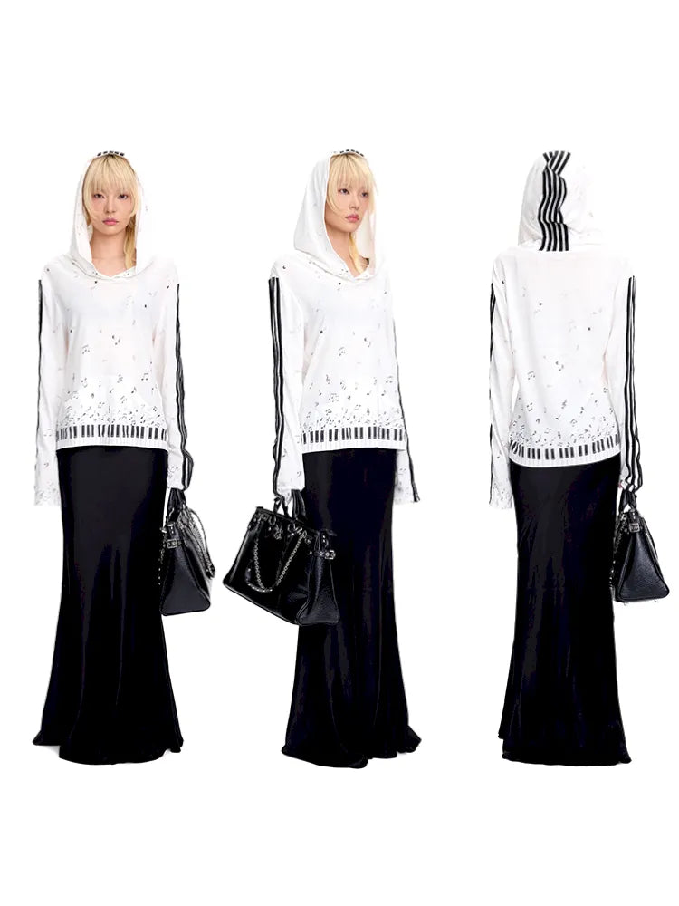 Piano Note Print Pullover Long-Sleeve Sweatshirt【s0000014100】