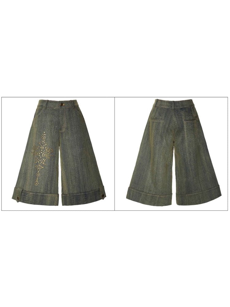 Embellished Rendered Washed Denim Midi Pants【s0000006271】