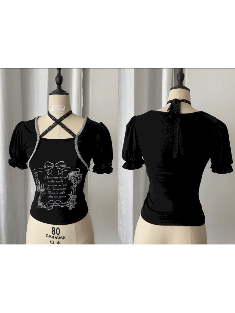 Black bubble sleeves T-shirt top【s0000012812】