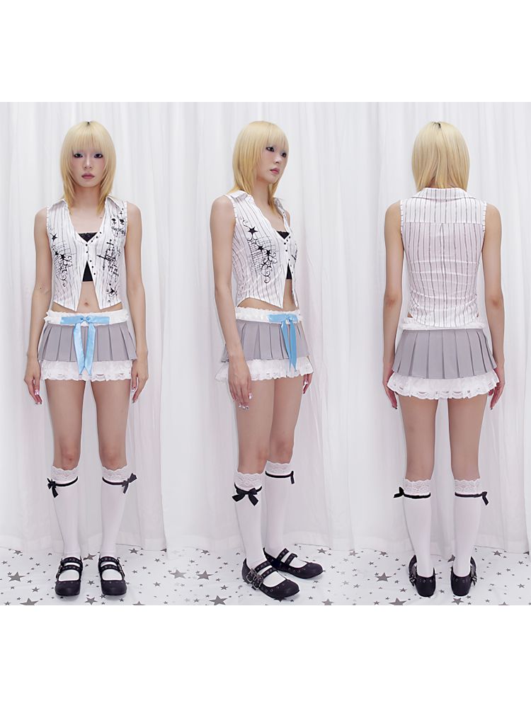 Doodle Print Fake Two Piece Shirt Vest【s0000013872】