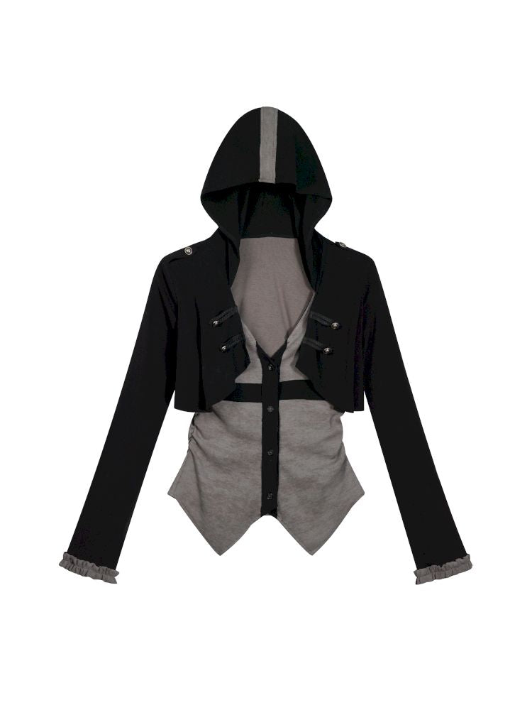 Hooded False Two Black Gray Knit Cardigan【s0000013890】