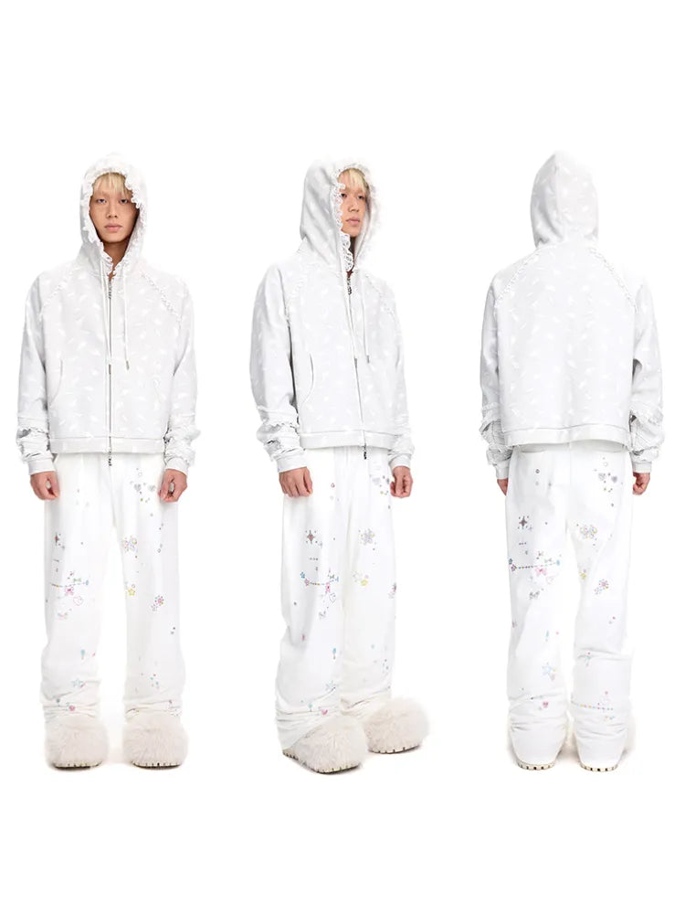 Wing Feather Print Lace-Trim Hoodie【s0000014096】